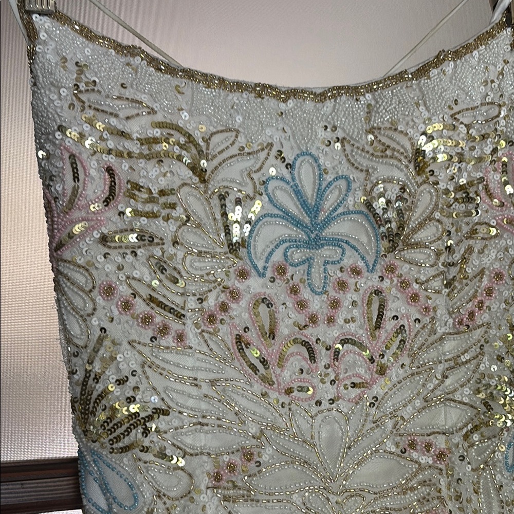 Primavera Couture Sequin Embellished Dress in Gold, Blue, and Pink